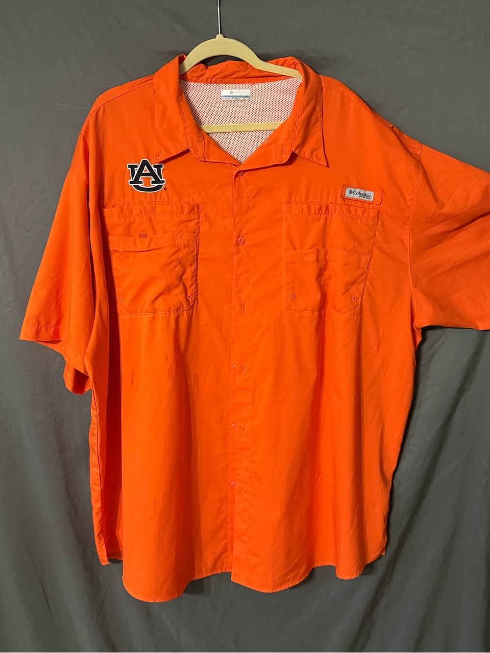 Columbia Orange Short-Sleeve Button-Down Fishing Shirt with AU Patch